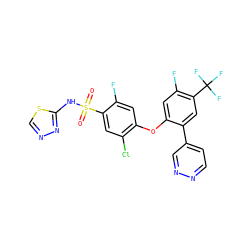 O=S(=O)(Nc1nncs1)c1cc(Cl)c(Oc2cc(F)c(C(F)(F)F)cc2-c2ccnnc2)cc1F ZINC000095583676