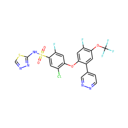 O=S(=O)(Nc1nncs1)c1cc(Cl)c(Oc2cc(F)c(OC(F)(F)F)cc2-c2ccnnc2)cc1F ZINC000095584007