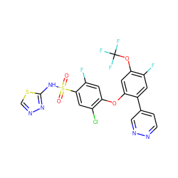 O=S(=O)(Nc1nncs1)c1cc(Cl)c(Oc2cc(OC(F)(F)F)c(F)cc2-c2ccnnc2)cc1F ZINC000095584438