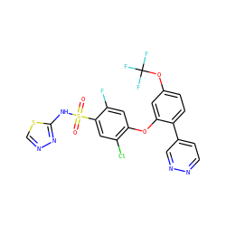 O=S(=O)(Nc1nncs1)c1cc(Cl)c(Oc2cc(OC(F)(F)F)ccc2-c2ccnnc2)cc1F ZINC000095581236