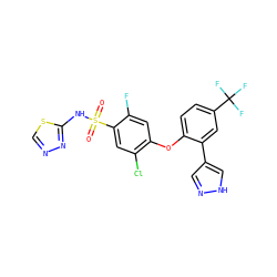 O=S(=O)(Nc1nncs1)c1cc(Cl)c(Oc2ccc(C(F)(F)F)cc2-c2cn[nH]c2)cc1F ZINC000095582031