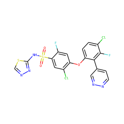 O=S(=O)(Nc1nncs1)c1cc(Cl)c(Oc2ccc(Cl)c(F)c2-c2ccnnc2)cc1F ZINC000095585523