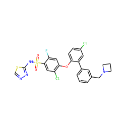 O=S(=O)(Nc1nncs1)c1cc(Cl)c(Oc2ccc(Cl)cc2-c2cccc(CN3CCC3)c2)cc1F ZINC000095584188