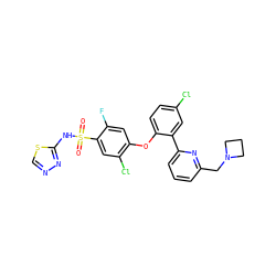 O=S(=O)(Nc1nncs1)c1cc(Cl)c(Oc2ccc(Cl)cc2-c2cccc(CN3CCC3)n2)cc1F ZINC000095582666