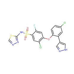 O=S(=O)(Nc1nncs1)c1cc(Cl)c(Oc2ccc(Cl)cc2-c2cn[nH]c2)cc1F ZINC000095584456