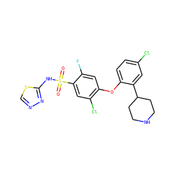 O=S(=O)(Nc1nncs1)c1cc(Cl)c(Oc2ccc(Cl)cc2C2CCNCC2)cc1F ZINC000095584682