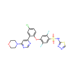 O=S(=O)(Nc1nncs1)c1cc(F)c(Oc2ccc(Cl)cc2-c2cc(N3CCOCC3)ncn2)cc1F ZINC000095585752