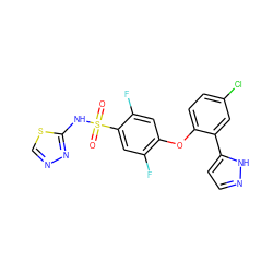 O=S(=O)(Nc1nncs1)c1cc(F)c(Oc2ccc(Cl)cc2-c2ccn[nH]2)cc1F ZINC000095584834
