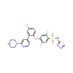 O=S(=O)(Nc1nncs1)c1cc(F)c(Oc2ccc(Cl)cc2-c2ccnc(N3CCNCC3)c2)cc1F ZINC000095583192