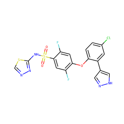 O=S(=O)(Nc1nncs1)c1cc(F)c(Oc2ccc(Cl)cc2-c2cn[nH]c2)cc1F ZINC000095585692
