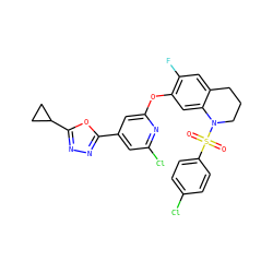 O=S(=O)(c1ccc(Cl)cc1)N1CCCc2cc(F)c(Oc3cc(-c4nnc(C5CC5)o4)cc(Cl)n3)cc21 ZINC000103263439