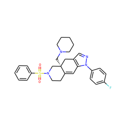O=S(=O)(c1ccccc1)N1CCC2=Cc3c(cnn3-c3ccc(F)cc3)C[C@]2(CN2CCCCC2)C1 ZINC000029128211