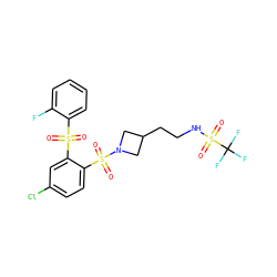 O=S(=O)(c1ccccc1F)c1cc(Cl)ccc1S(=O)(=O)N1CC(CCNS(=O)(=O)C(F)(F)F)C1 ZINC000049757071