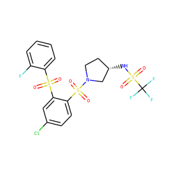 O=S(=O)(c1ccccc1F)c1cc(Cl)ccc1S(=O)(=O)N1CC[C@H](NS(=O)(=O)C(F)(F)F)C1 ZINC000049762387