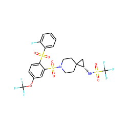 O=S(=O)(c1ccccc1F)c1ccc(OC(F)(F)F)cc1S(=O)(=O)N1CCC2(CC1)C[C@@H]2NS(=O)(=O)C(F)(F)F ZINC000049757487