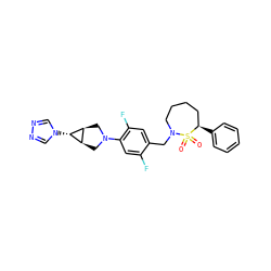 O=S1(=O)[C@H](c2ccccc2)CCCCN1Cc1cc(F)c(N2C[C@H]3[C@H](n4cnnc4)[C@H]3C2)cc1F ZINC000473154793