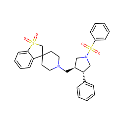 O=S1(=O)CC2(CCN(C[C@H]3CN(S(=O)(=O)c4ccccc4)C[C@@H]3c3ccccc3)CC2)c2ccccc21 ZINC000029222158