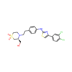 O=S1(=O)CCN(CCc2ccc(Nc3nc(-c4ccc(Cl)c(Cl)c4)cs3)cc2)[C@@H](CO)C1 ZINC000096274009