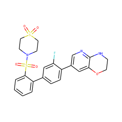 O=S1(=O)CCN(S(=O)(=O)c2ccccc2-c2ccc(-c3cnc4c(c3)OCCN4)c(F)c2)CC1 ZINC000224827834