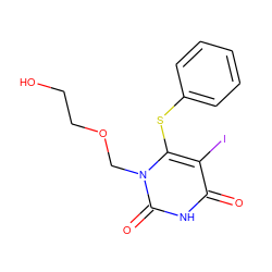 O=c1[nH]c(=O)n(COCCO)c(Sc2ccccc2)c1I ZINC000013775993