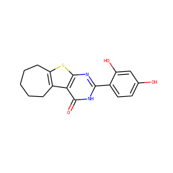 O=c1[nH]c(-c2ccc(O)cc2O)nc2sc3c(c12)CCCCC3 ZINC000096907911