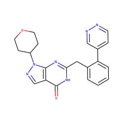 O=c1[nH]c(Cc2ccccc2-c2ccnnc2)nc2c1cnn2C1CCOCC1 ZINC000169699890