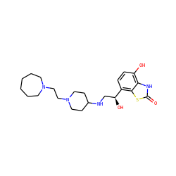O=c1[nH]c2c(O)ccc([C@@H](O)CNC3CCN(CCN4CCCCCC4)CC3)c2s1 ZINC000058639174