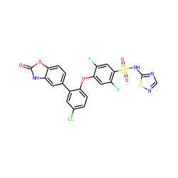 O=c1[nH]c2cc(-c3cc(Cl)ccc3Oc3cc(F)c(S(=O)(=O)Nc4ncns4)cc3F)ccc2o1 ZINC000205511192