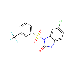 O=c1[nH]c2ccc(Cl)cc2n1S(=O)(=O)c1cccc(C(F)(F)F)c1 ZINC000045390181