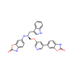 O=c1[nH]c2ccc(N[C@H](COc3cncc(-c4ccc5[nH]c(=O)oc5c4)c3)Cc3c[nH]c4ccccc34)cc2o1 ZINC000034803837