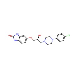 O=c1[nH]c2ccc(OC[C@@H](O)CN3CCN(c4ccc(Cl)cc4)CC3)cc2[nH]1 ZINC000141117394