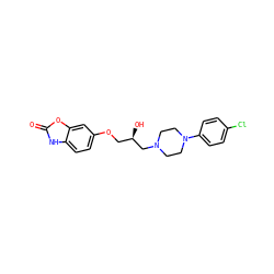 O=c1[nH]c2ccc(OC[C@@H](O)CN3CCN(c4ccc(Cl)cc4)CC3)cc2o1 ZINC000116133008