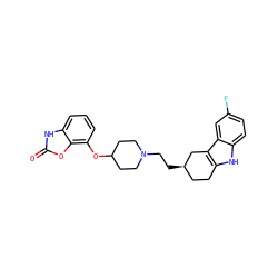 O=c1[nH]c2cccc(OC3CCN(CC[C@@H]4CCc5[nH]c6ccc(F)cc6c5C4)CC3)c2o1 ZINC000045245059