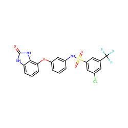 O=c1[nH]c2cccc(Oc3cccc(NS(=O)(=O)c4cc(Cl)cc(C(F)(F)F)c4)c3)c2[nH]1 ZINC000045367758