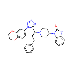 O=c1[nH]c2ccccc2n1C1CCN([C@@H](CCc2ccccc2)c2nnnn2-c2ccc3c(c2)OCCO3)CC1 ZINC000072136092