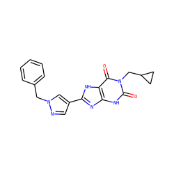 O=c1[nH]c2nc(-c3cnn(Cc4ccccc4)c3)[nH]c2c(=O)n1CC1CC1 ZINC000029037277