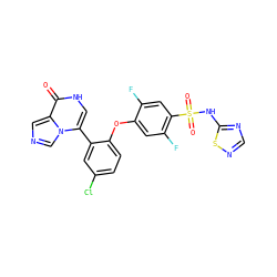 O=c1[nH]cc(-c2cc(Cl)ccc2Oc2cc(F)c(S(=O)(=O)Nc3ncns3)cc2F)n2cncc12 ZINC000205484698