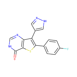 O=c1[nH]cnc2c(-c3cn[nH]c3)c(-c3ccc(F)cc3)sc12 ZINC000084668422