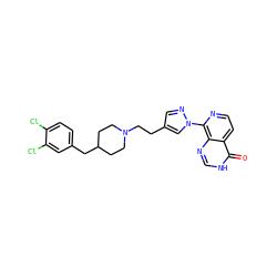 O=c1[nH]cnc2c(-n3cc(CCN4CCC(Cc5ccc(Cl)c(Cl)c5)CC4)cn3)nccc12 ZINC000653742635