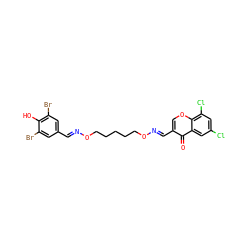 O=c1c(/C=N/OCCCCCO/N=C/c2cc(Br)c(O)c(Br)c2)coc2c(Cl)cc(Cl)cc12 ZINC000026995826