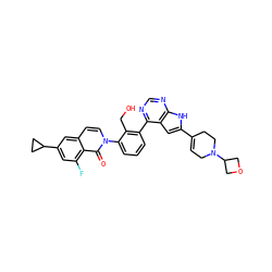 O=c1c2c(F)cc(C3CC3)cc2ccn1-c1cccc(-c2ncnc3[nH]c(C4=CCN(C5COC5)CC4)cc23)c1CO ZINC000299860035