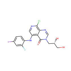 O=c1c2c(Nc3ccc(I)cc3F)cnc(Cl)c2ncn1C[C@H](O)CO ZINC000169337238