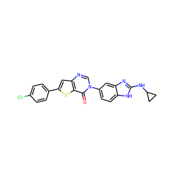 O=c1c2sc(-c3ccc(Cl)cc3)cc2ncn1-c1ccc2[nH]c(NC3CC3)nc2c1 ZINC000040568497