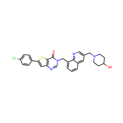 O=c1c2sc(-c3ccc(Cl)cc3)cc2ncn1Cc1cccc2cc(CN3CCC(O)CC3)cnc12 ZINC000034892325