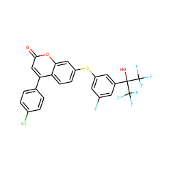 O=c1cc(-c2ccc(Cl)cc2)c2ccc(Sc3cc(F)cc(C(O)(C(F)(F)F)C(F)(F)F)c3)cc2o1 ZINC000036222900