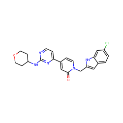O=c1cc(-c2ccnc(NC3CCOCC3)n2)ccn1Cc1cc2ccc(Cl)cc2[nH]1 ZINC000169701527