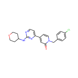 O=c1cc(-c2ccnc(NC3CCOCC3)n2)ccn1Cc1ccc(Cl)cc1 ZINC000223580936