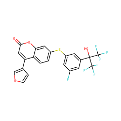 O=c1cc(-c2ccoc2)c2ccc(Sc3cc(F)cc(C(O)(C(F)(F)F)C(F)(F)F)c3)cc2o1 ZINC000036222902