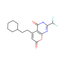 O=c1cc(CCC2CCCCC2)c2c(=O)[nH]c(C(F)F)nc2o1 ZINC000066097240