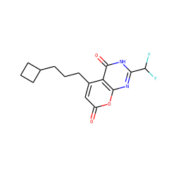 O=c1cc(CCCC2CCC2)c2c(=O)[nH]c(C(F)F)nc2o1 ZINC000066074466